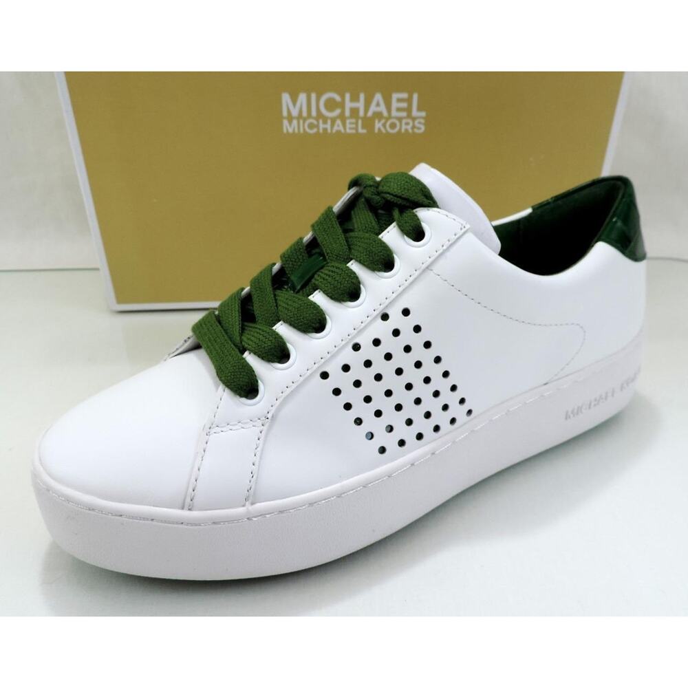 Michael Kors Poppy Lace Up Platform Sneaker Leather Optic White / Green - Picture 4 of 8